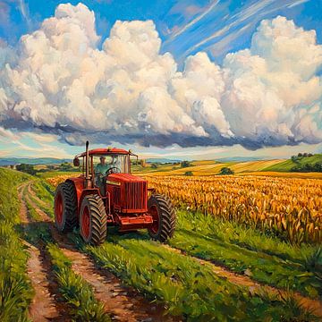 Rode tractor in het gouden veld van Poster Art Shop