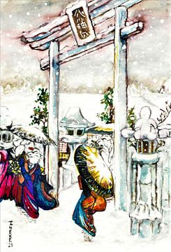 Japanse kunst / Aquarel van Geisha' s in de sneeuw . van Ineke de Rijk