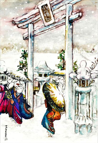 Japanese art / Watercolour of Geisha' s the snow at a temple. by Ineke de Rijk