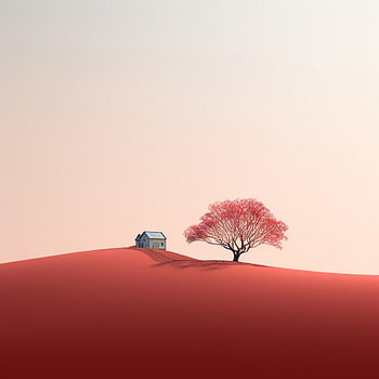 Montagne rouge avec une maison et un arbre 1