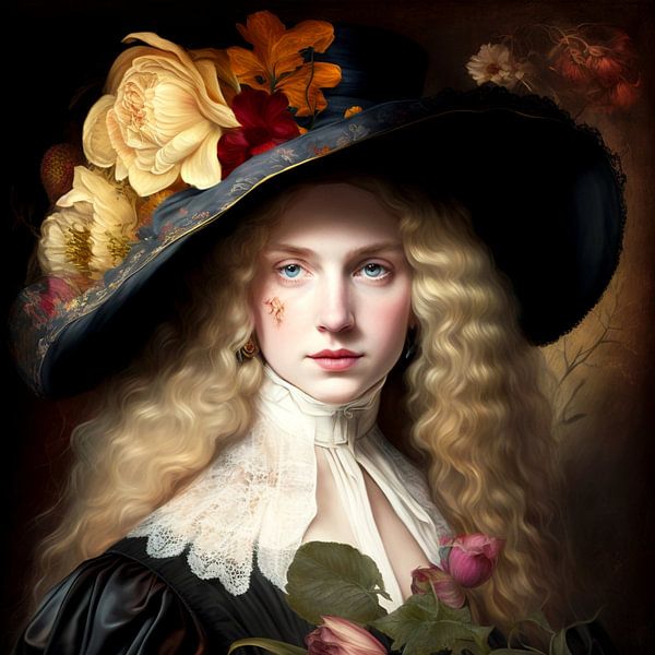 Alte Meister junge Frau Portrait großer Hut Blumen blondes Haar von gm_designs