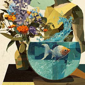 Geometrisch-surrealistisches Porträt einer Frau mit Fischglas von Digital Picture Art