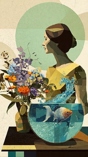 Geometric Surrealist Portrait of a Woman with a Fishbowl