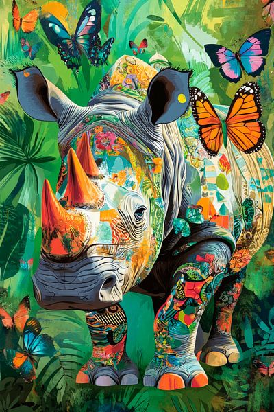 Colourful rhino in a tropical environment by Poster Art Shop