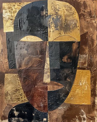 Masque tribal abstrait mystique aux couleurs de la terre et de l'or