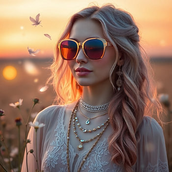 Boho Luxe – Vrouw met Gouden Bril en Diamanten in Bloemenveld