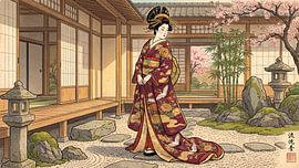 Elegante Geisha in einem traditionellen japanischen Innenhof von my pixel art