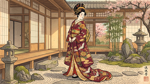 Elegant Geisha In A Traditional Japanese Courtyard