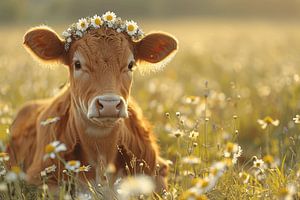 Rêve de fleurs des champs - Veau adorable avec une couronne de pâquerettes sur Felix Brönnimann