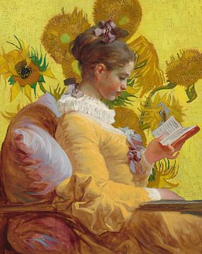 Lezend meisje, Jean-Honoré Fragonard - zonnebloemen van Digital Art Studio