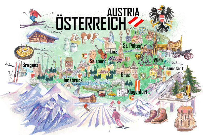 Oostenrijk Geïllustreerde Reiskaart Alpen van Markus Bleichner