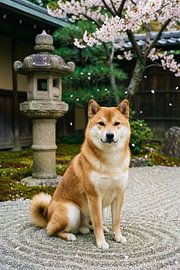 Shiba Inu in Japanse tuin met kersenbloesems van Matthias Hauser