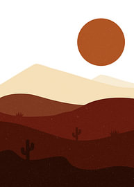 Minimalist Boho Desert Landscape with Terracotta Sun and Cacti by Wisnu Xiao