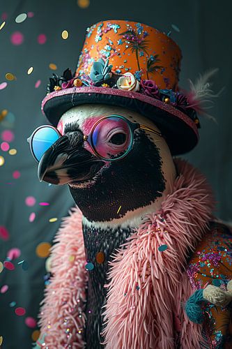 Grappige pinguïn met verjaardagshoed en confetti