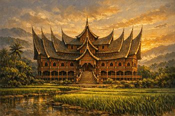 Coucher de soleil doré sur une « rumah gadang » traditionnelle – Patrimoine minangkabau de Sumatra occidental
