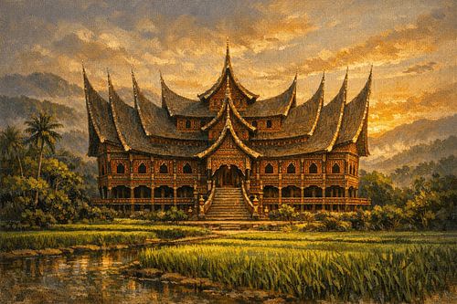 Golden Sunset at a Traditional Rumah Gadang – Minangkabau Heritage of West Sumatra