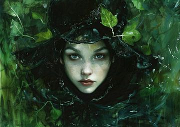 Vrouwenportret | Veiled Eyes, Leafy Shroud van Abstract Schilderij