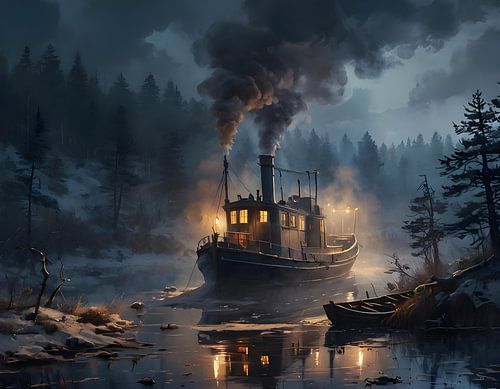 kleine stoomboot in een besneeuwd bos