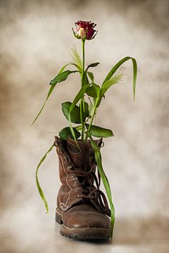 Ein alter Lederstiefel dient als Design-Vase von Stephan Zaun