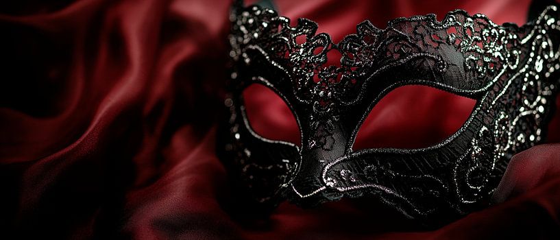 Schwarze Maske auf rotem Samt von Poster Art Shop