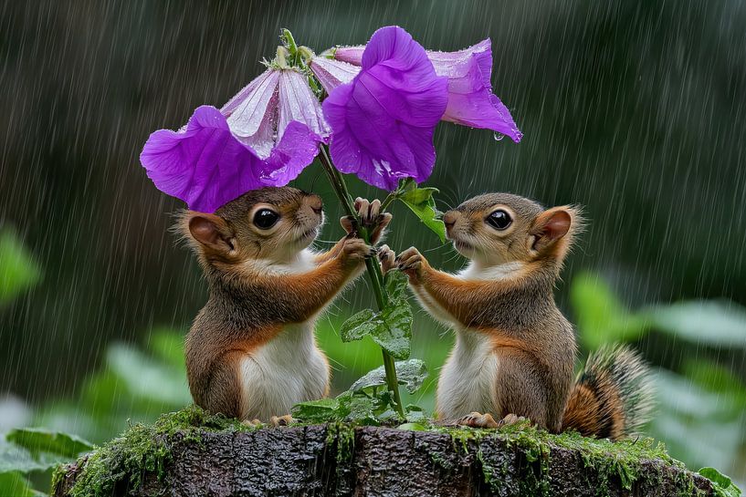 2 little squirrels sit in the rain under an umbrella of flowers by Monique Leenaerts
