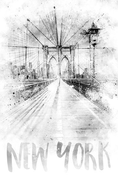 Monochrome Kunst NYC Brooklyn Bridge | Aquarell von Melanie Viola