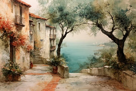 Mediterranean Village Street by the Sea by Peter Pen Drawings and Paintings