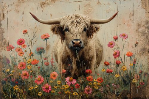 Field in Bloom - Schottische Highlander inmitten von Wildblumen