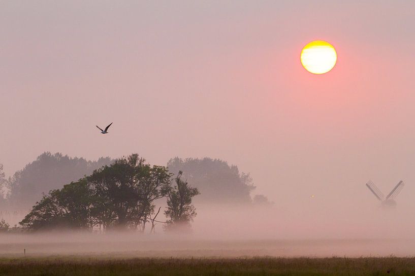 Zonsopkomst met windmolen en opkomende zon van Menno van Duijn