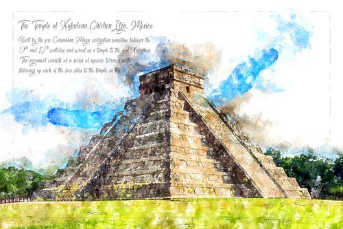 Maya-piramide, aquarel, Mexico