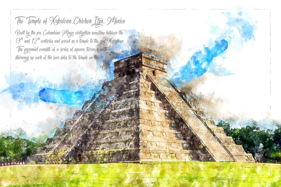 Mayan pyramid, watercolor, Mexico by Theodor Decker on canvas, poster ...