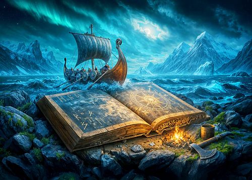 Een Vikingschip vaart uit een oud boek