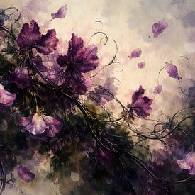 Verträumte violette Blumen-Aquarellkunst – Romantische botanische Wanddekoration von coretan tangan