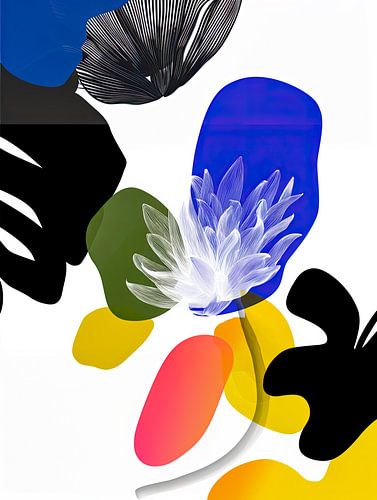 Weiße Blüte mit schwarzen Blättern und farbigen Flächen