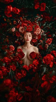 Magische Vrouw Versmolten met Een Zee van Rode Rozen
