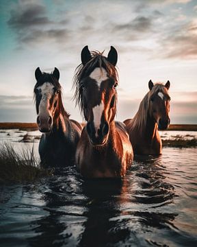Paarden in het water van fernlichtsicht