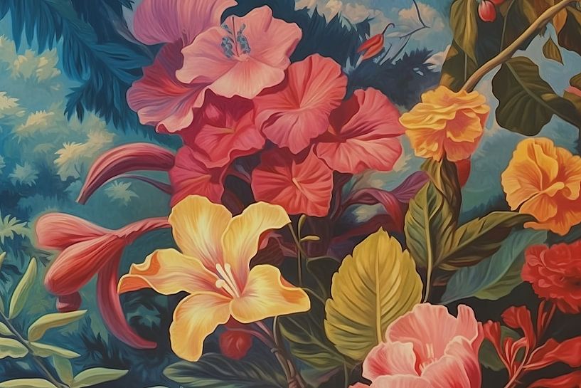 Botanische prints | Kleurenspel tussen bloemen| Botanische prints in tempera schilderij van Blikvanger Schilderijen