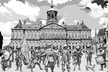 Tekening De Nachtwacht op De Dam in Amsterdam Pentekening Lijntekening van Hendrik-Jan Kornelis