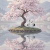 Japanische Kraniche unter Blüten – Zartrosa & -Pastelltöne – Ruhiger Landschaftsstil von Kleurenrijk