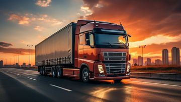 Vrachtwagen op de snelweg in de zonsondergang Logistiek Import Export Vrachtwagen Achtergrond van Animaflora PicsStock