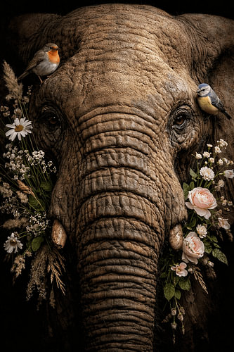Gentle Giant – Majestätisches Elefantenporträt mit Blumen und Vögeln – Luxuriöse botanische Wanddekoration mit Tiermotiven – Romantische Safari-Kunst