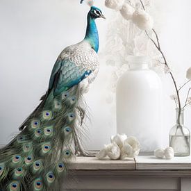 Peacock still life with white background by Digitale Schilderijen