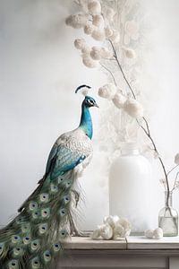 Nature morte au paon sur fond blanc