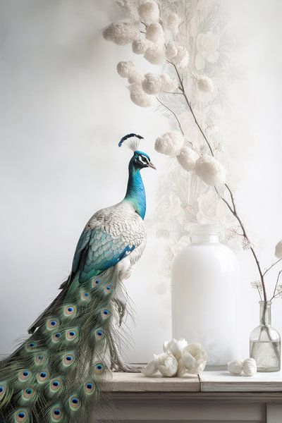 Peacock still life with white background by Digitale Schilderijen