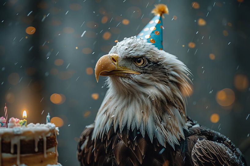 Funny eagle with party hat celebrates birthday in a shower of confetti by Poster Art Shop
