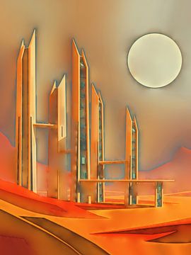 Skyline der Zukunft abstrakt bei Sonnenschein Sandfarben von Segaspics