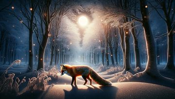 Winterwonder: vos in de besneeuwde, maanverlichte nacht van artefacti