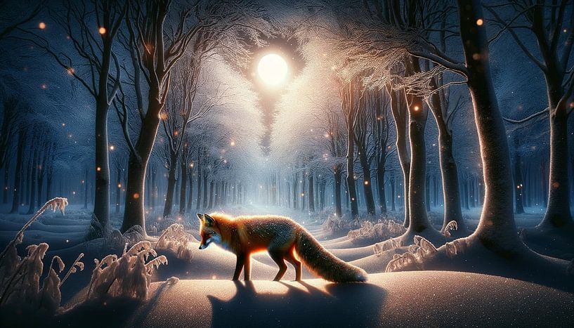 Winter wonder: Fox in the snowy moonlit night by artefacti