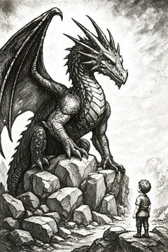 Illustration d'un dragon sur des rochers face à un garçon sur Markus Gann
