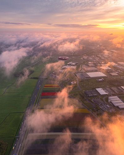 AZ Stadion boven tulpenvelden bij zonsopkomst